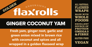 Ginger Coconut Yam Golden FlaxRoll, Gluten-free, VEGAN. Our unique flavour creation in a golden flaxseed wrap