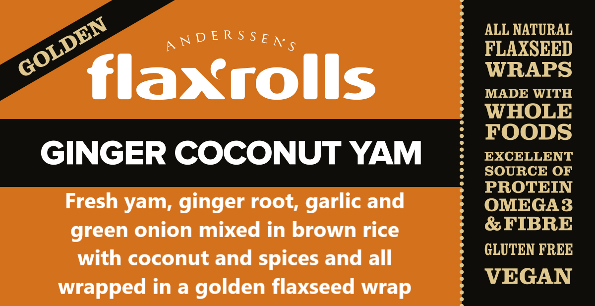 Ginger Coconut Yam Golden FlaxRoll, Gluten-free, VEGAN. Our unique flavour creation in a golden flaxseed wrap (Case of 20)